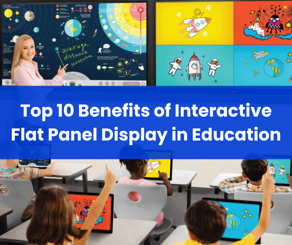 A group of children using interactive flat panel displays at desks for enhanced educational benefits